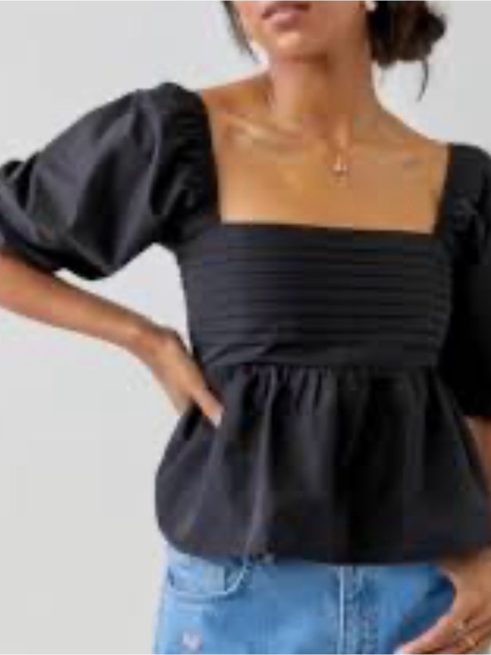 miami Black Square-Neck Puff Sleeve Peplum Blouse
